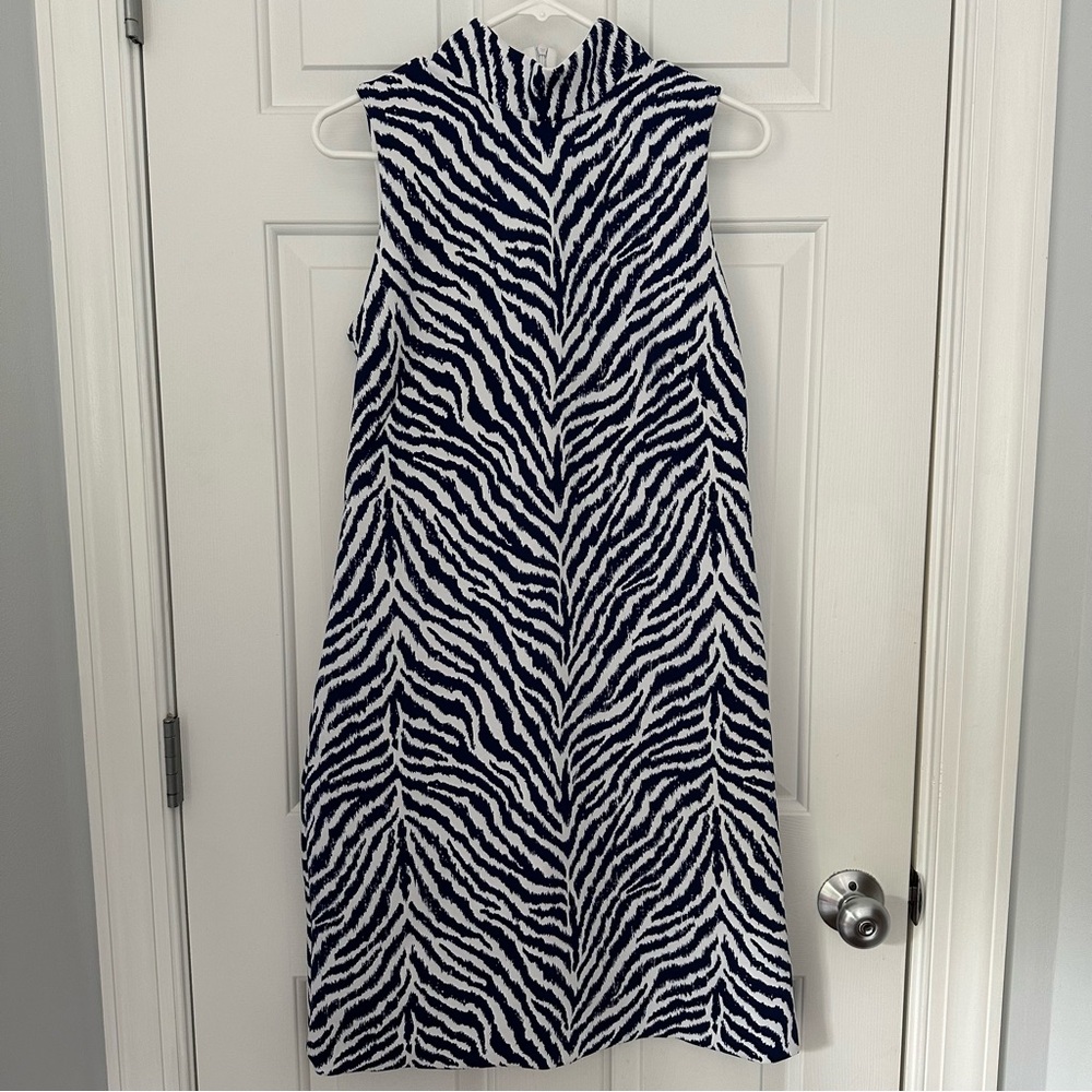 J.McLaughlin Delaney Montego Sleeveless Slim Scuba Navy Tiger Eyes Dress Sz M